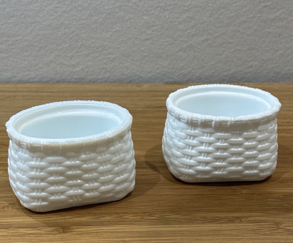 Vintage Avon Milk Glass Basket Weave Trinket Dishes Set of 2 White 1970s 3in